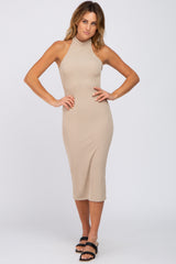 Mocha Ribbed Halter Cutout Back Maternity Midi Dress