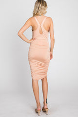 Peach Sleeveless Ruched Fitted Dress