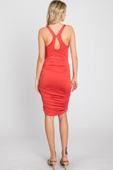 Rust Sleeveless Ruched Fitted Dress