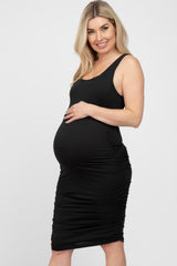 Black Sleeveless Ruched Fitted Maternity Dress