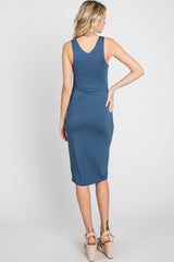 Denim Blue Fitted V-Neckline Midi Dress