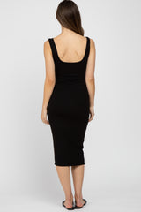 Black Fitted Scoop Neck Maternity Midi Dress