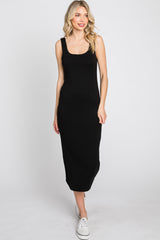 Black Fitted Scoop Neck Maternity Midi Dress