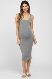 Heather Grey Fitted Scoop Neck Maternity Midi Dress