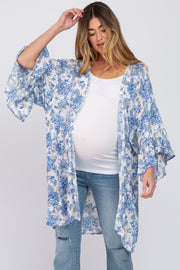 Blue Floral Ruffle Sleeve Maternity Cover Up