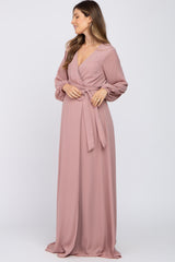 Mauve Wrap Front Chiffon Maternity Gown