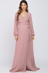 Mauve Wrap Front Chiffon Maternity Gown