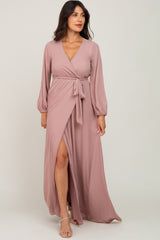 Mauve Wrap Front Chiffon Maternity Gown