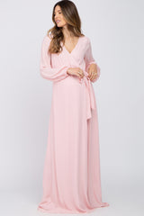 Pink Wrap Front Chiffon Maternity Gown