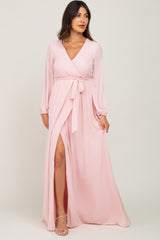 Pink Wrap Front Chiffon Maternity Gown