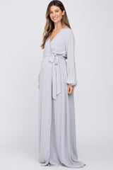 Light Grey Wrap Front Chiffon Maternity Gown