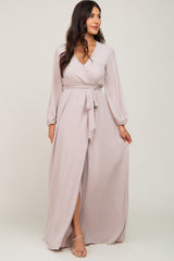 Light Taupe Wrap Front Chiffon Maternity Gown