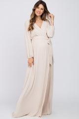 Beige Wrap Front Chiffon Maternity Gown