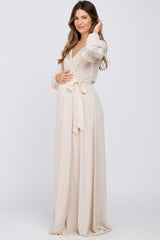 Beige Wrap Front Chiffon Maternity Gown