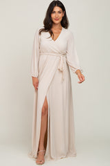 Beige Wrap Front Chiffon Maternity Gown