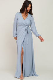 Light Blue Wrap Front Chiffon Gown