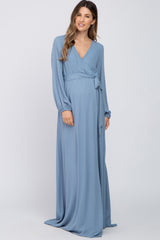 Blue Wrap Front Chiffon Maternity Gown