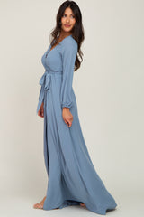 Blue Wrap Front Chiffon Gown