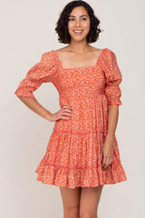 Orange Floral Square Neck Ruffle Tiered Maternity Dress