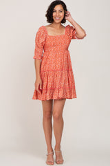 Orange Floral Square Neck Ruffle Tiered Dress