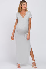 Heather Grey Cross Front Ruched Maternity Maxi Dress