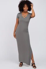 Olive Cross Front Ruched Maternity Maxi Dress