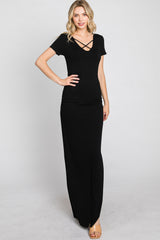 Black Cross Front Ruched Maxi Dress