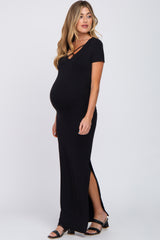 Black Cross Front Ruched Maternity Maxi Dress