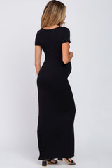 Black Cross Front Ruched Maternity Maxi Dress