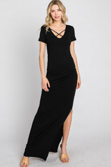 Black Cross Front Ruched Maternity Maxi Dress