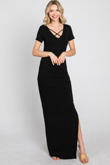 Black Cross Front Ruched Maxi Dress