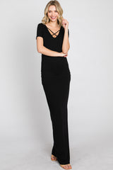 Black Cross Front Ruched Maxi Dress