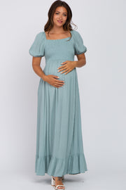 Light Blue Swiss Dot Square Neck Smocked Maternity Maxi Dress