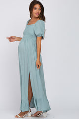 Light Blue Swiss Dot Square Neck Smocked Maternity Maxi Dress