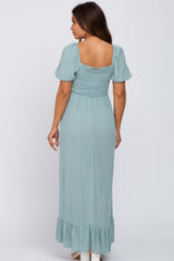 Light Blue Swiss Dot Square Neck Smocked Maternity Maxi Dress