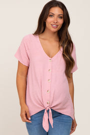 Pink Swiss Dot Button Tie Front Maternity Top