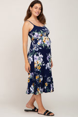 Navy Floral Sleeveless Ruffle Hem Maternity Midi Dress