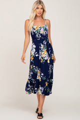 Navy Floral Sleeveless Ruffle Hem Maternity Midi Dress