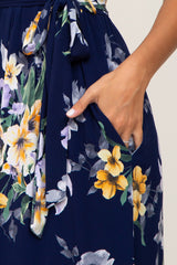 Navy Floral Sleeveless Ruffle Hem Midi Dress