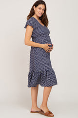 Navy Blue Leaf Print Ruffle Hem Maternity Midi Dress