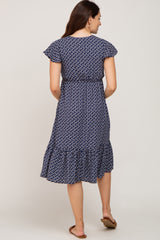 Navy Blue Leaf Print Ruffle Hem Maternity Midi Dress