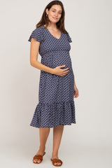 Navy Blue Leaf Print Ruffle Hem Maternity Midi Dress