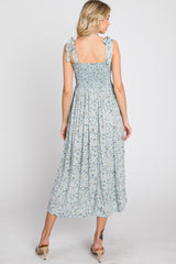 Light Blue Floral Smocked Tie Strap Midi Dress