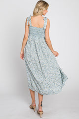 Light Blue Floral Smocked Tie Strap Midi Dress