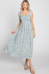 Light Blue Floral Smocked Tie Strap Midi Dress