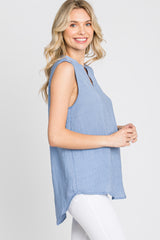 Blue Sleeveless Split V-Neck Top