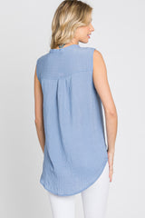 Blue Sleeveless Split V-Neck Top