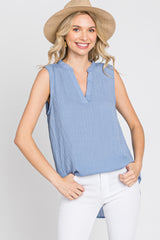 Blue Sleeveless Split V-Neck Top