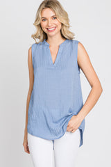 Blue Sleeveless Split V-Neck Top