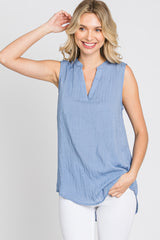 Blue Sleeveless Split V-Neck Top